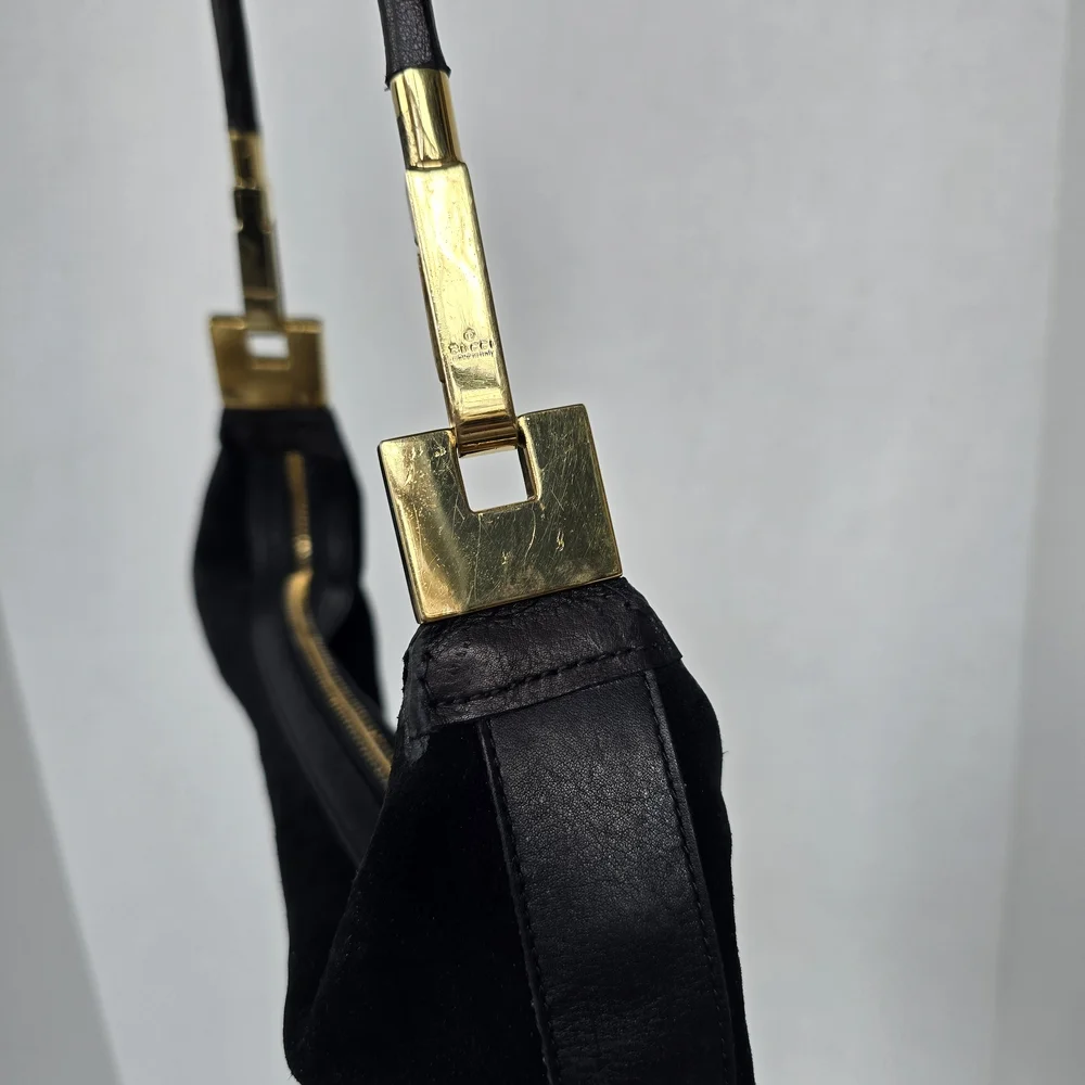 Vintage Authentic Gucci Black Suede Shoulder Purse With Gold Accents And GG - Picture 7 of 17